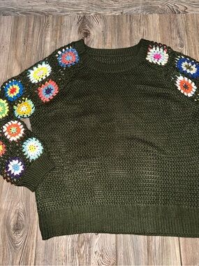 Olive Green Crochet Sleeve Women's Sweater Cottagecore Festival Boho Size 0XL